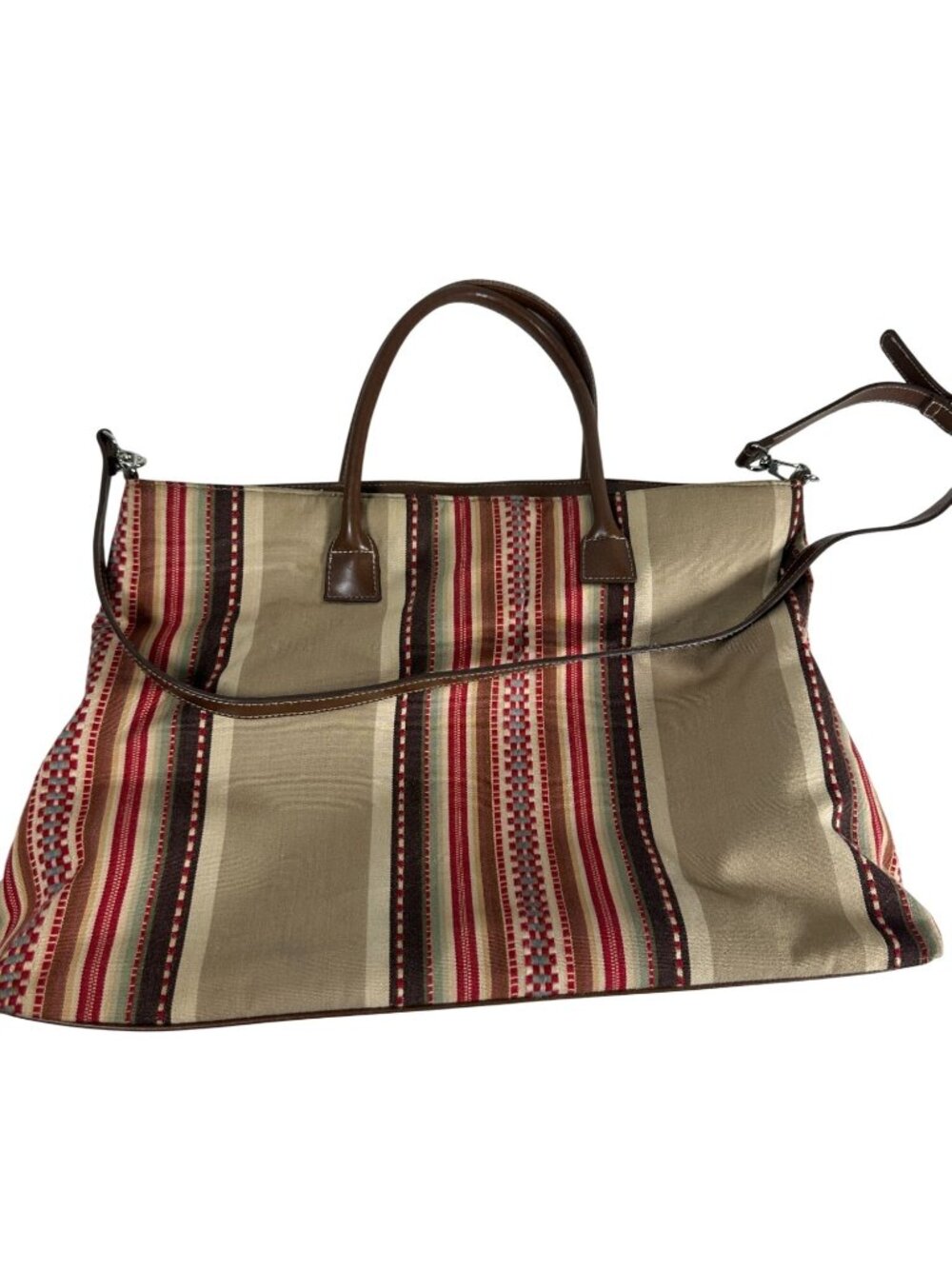 Preston & York Striped Canvas Tote Adjustable Shoulder Strap Faux Leather Accent